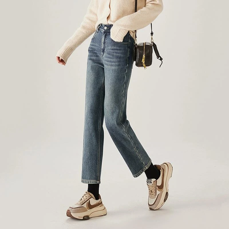 TOUCH MISS港风高腰冬季牛仔裤女2024新款口袋设计内里加绒直筒裤
