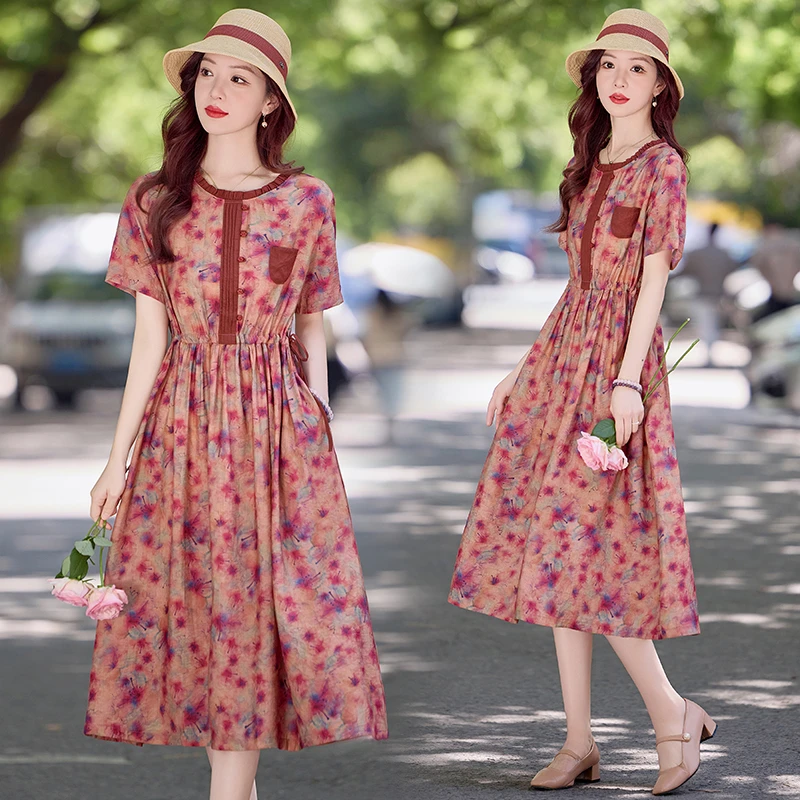 法式复古碎花连衣裙女2025夏季新款高级感抽绳收腰显瘦中长款裙子