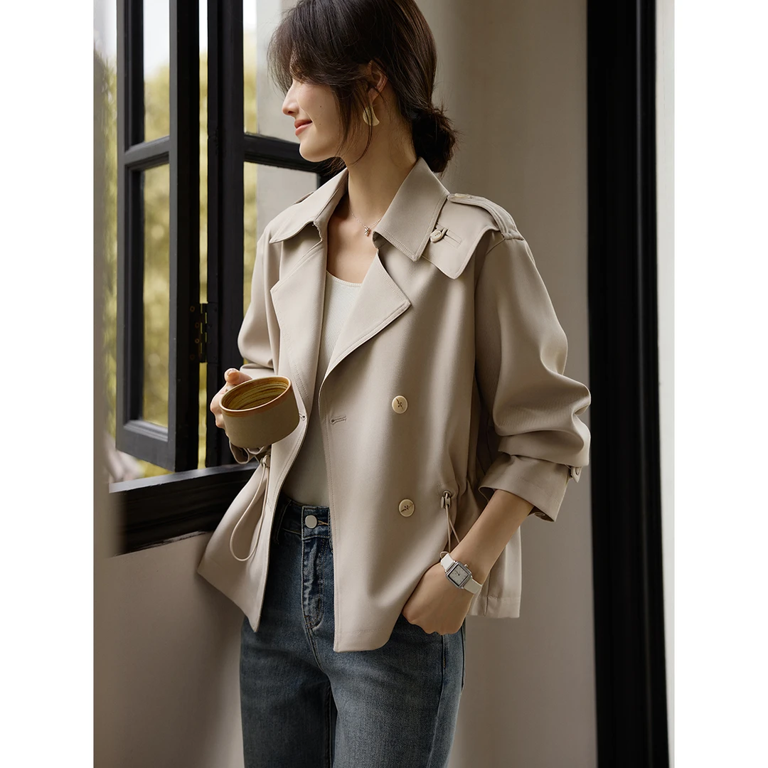 XWI/欣未知性腰部抽褶短款风衣2025春季通勤百搭时尚短款女装7525