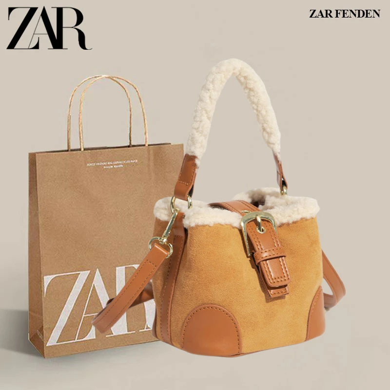 ZAR FENDEN美拉德磨砂皮水桶包女2025新款冬季羊羔毛手提斜挎包