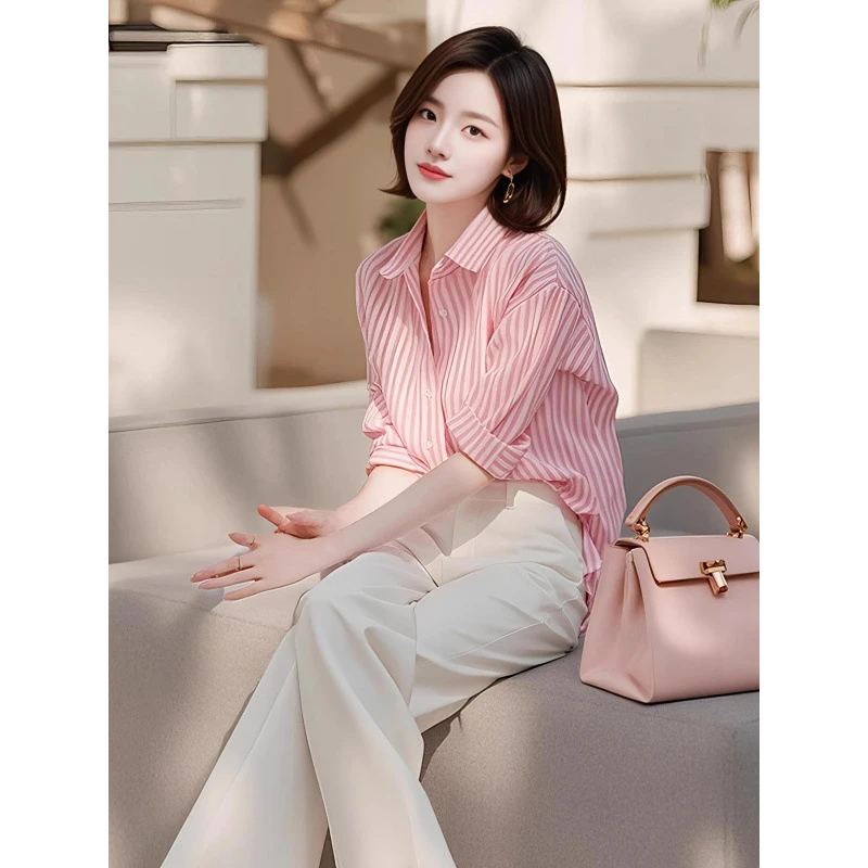 初秋新款盐系轻熟气质女神范小个子显瘦遮肉粉色条纹衬衫套装裤女
