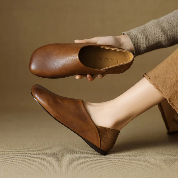 法式复古一脚蹬软底奶奶鞋女春秋真皮简约平底单鞋大头鞋休闲百搭