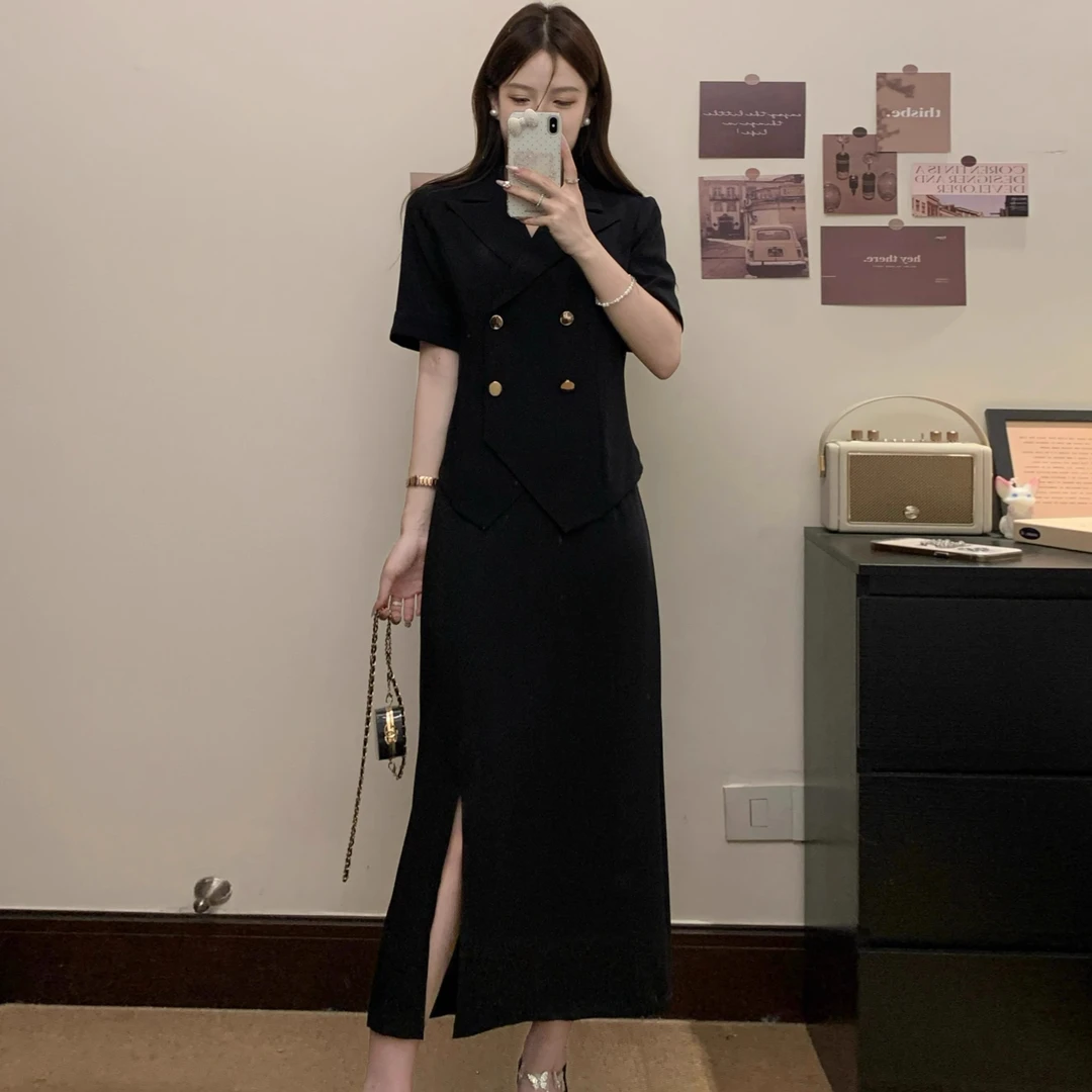 高级感西装领短袖上衣半身裙两件套女夏季大码时尚气质显瘦套装裙