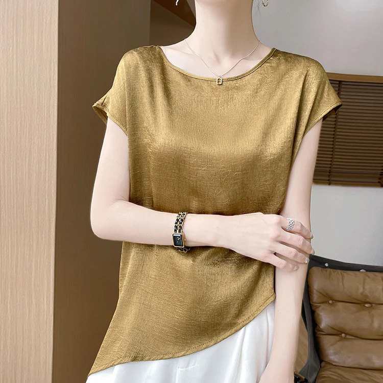 雅鹿夏新款气质显瘦缎面女夏季短袖高级感上衣肌理光泽不规则半袖