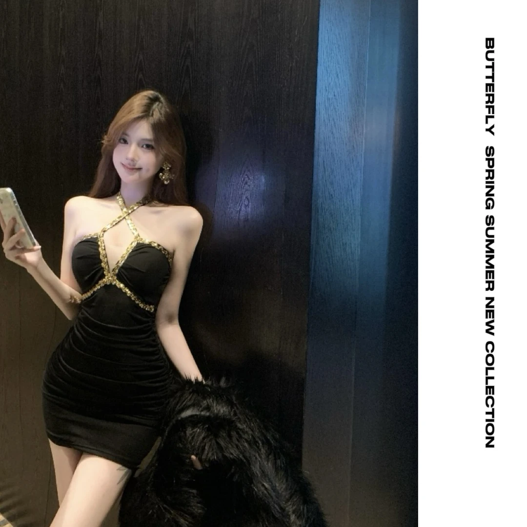 Fancycharm 怦然心动 手工钻法式名媛风香槟色压褶显瘦连衣裙