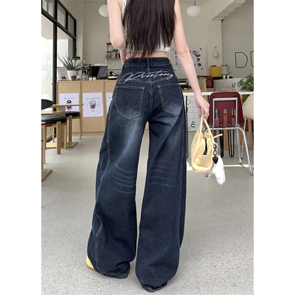 美式复古做旧宽松阔腿裤女2025夏季新款背后刺绣拼接弯刀裤牛仔裤