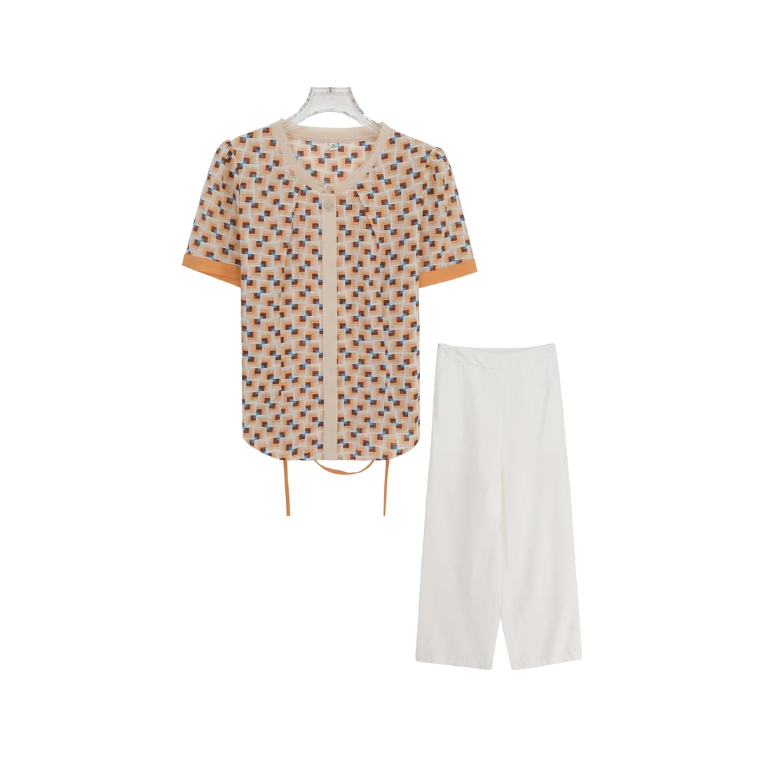 时尚气质印花小衫配松紧腰休闲裤两件套 Z342