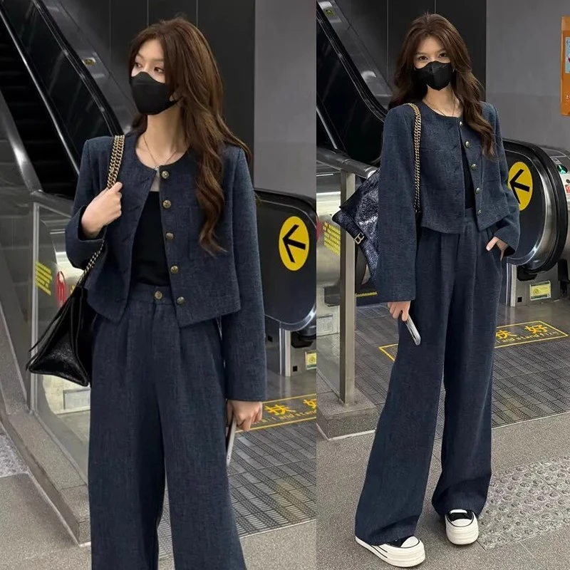 高级感牛仔套装女2025秋冬新款洋气圆领短外套阔腿裤小香风两件套