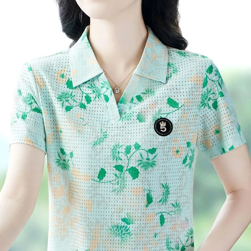 SS-844-印花短袖t恤女2025夏季新款中年妈妈冰丝速干上衣翻领polo