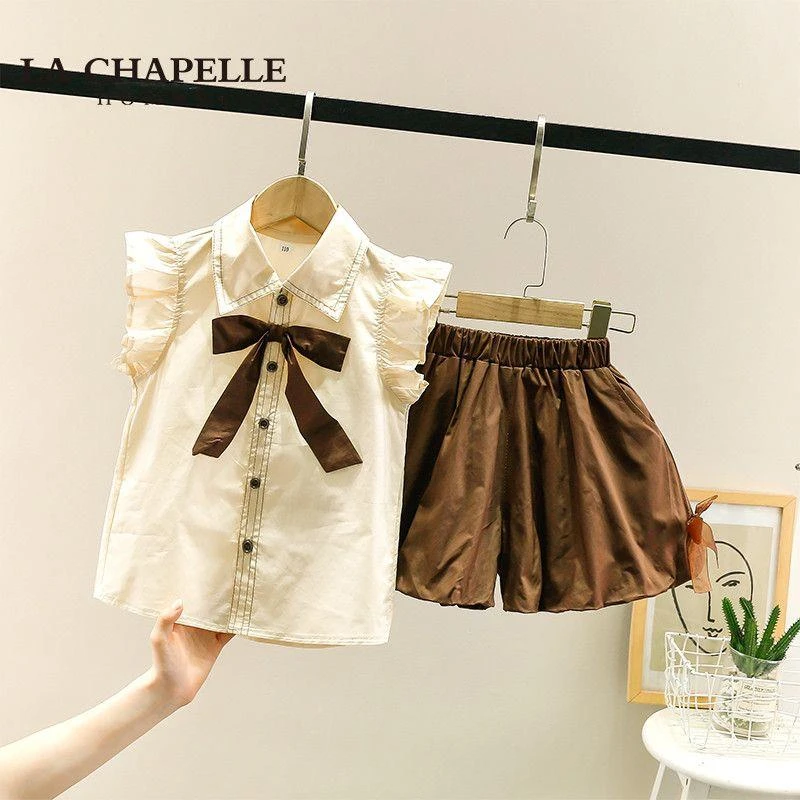 女童夏装套装2025新款衬衫小飞袖短裤韩版花苞裤蝴蝶结两件套时髦