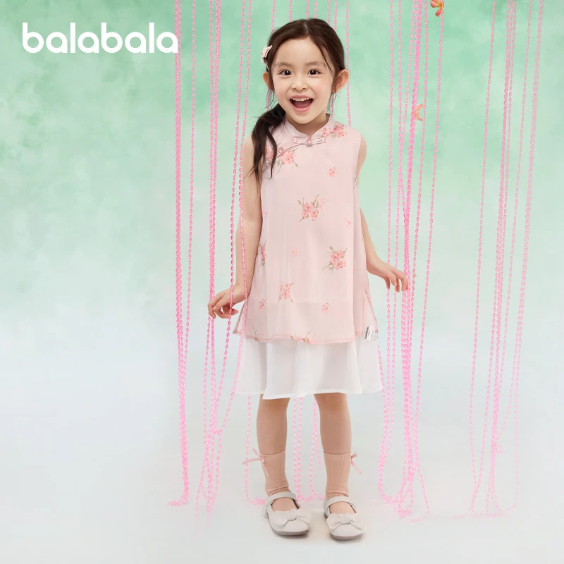 巴拉巴拉女中小儿童装新中式欧若风连衣裙无袖春游裙子国风2025夏
