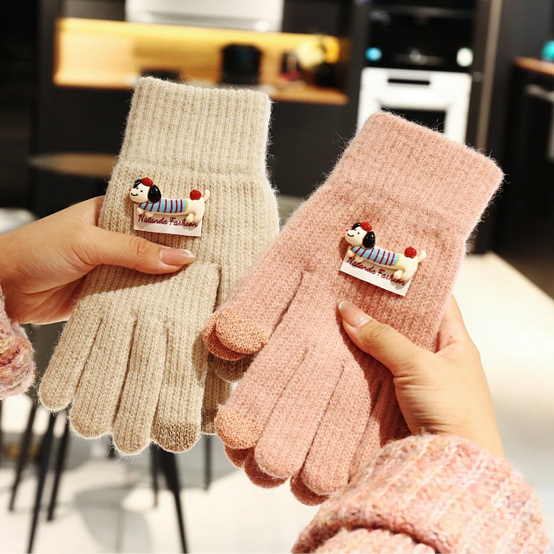 新款腊肠狗针织五指手套ins韩版分指手套男女冬季保暖可爱可触屏