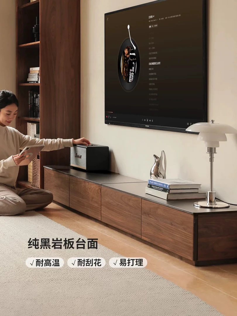 实木电视柜黑胡桃木落地储物柜意式极简客厅岩板小家具网红实用