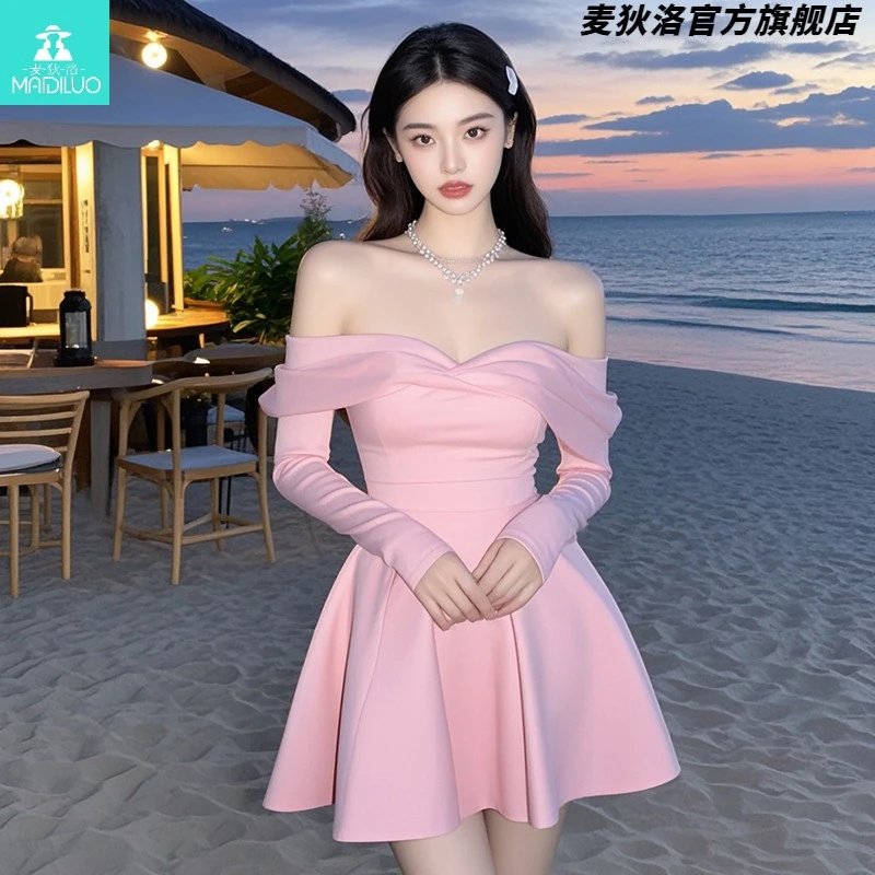 【限量款】名媛性感一字肩绝美连衣裙秋季新款轻奢优雅高端宴会生日