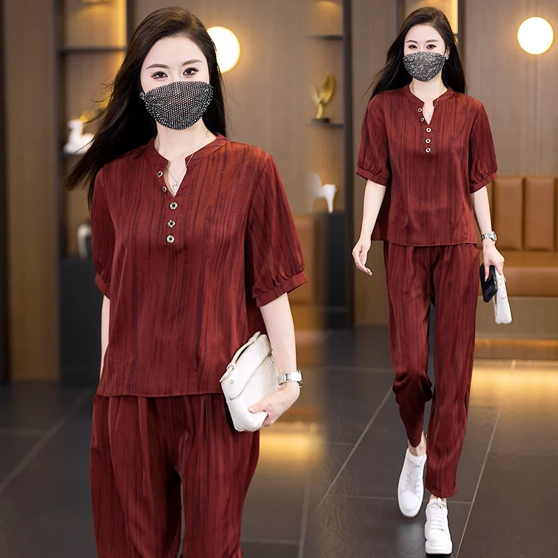 2025夏装新款时尚洋气妈妈显瘦遮肉胖妹妹两件套气质大码女装套装