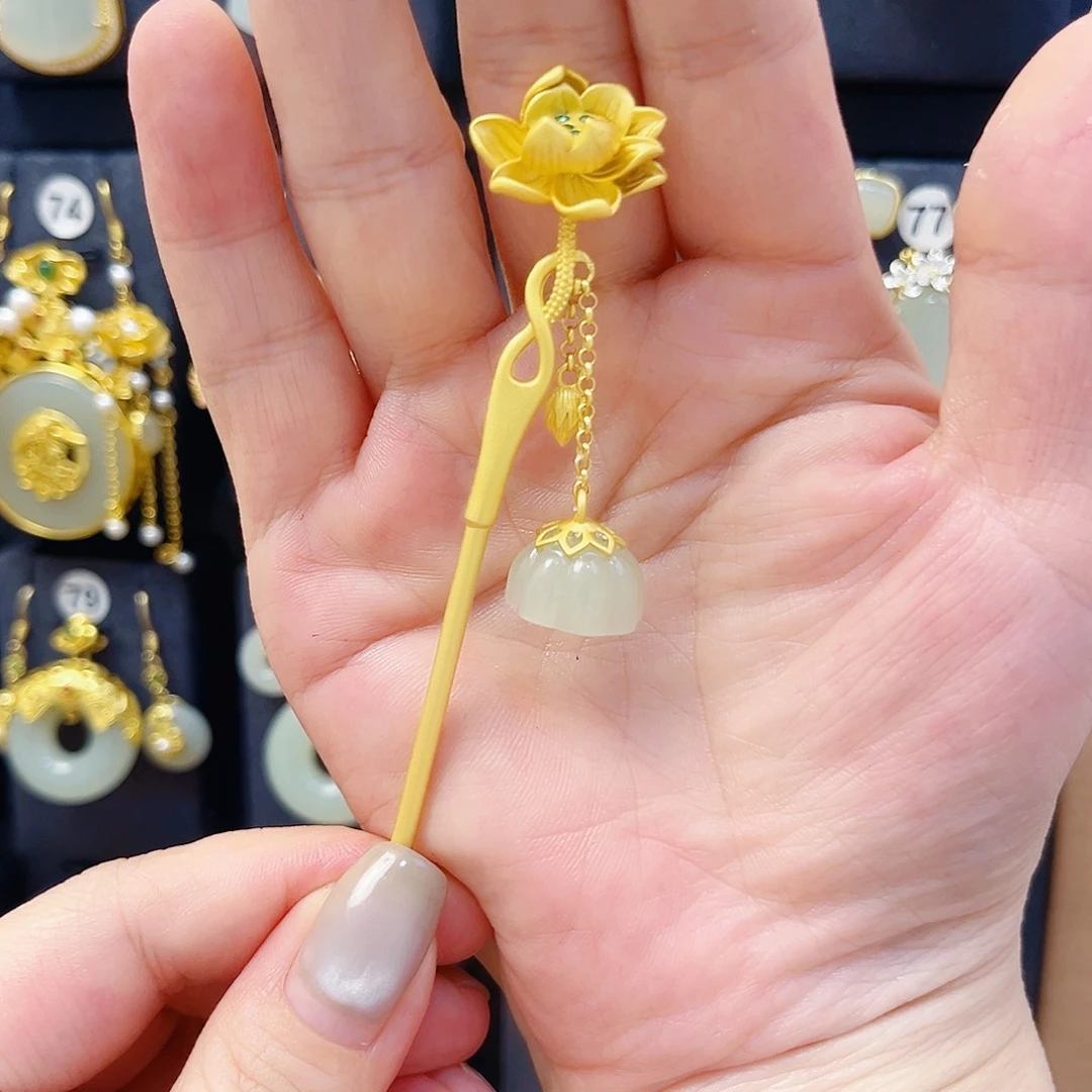 和田玉银S925镀金镶嵌发饰