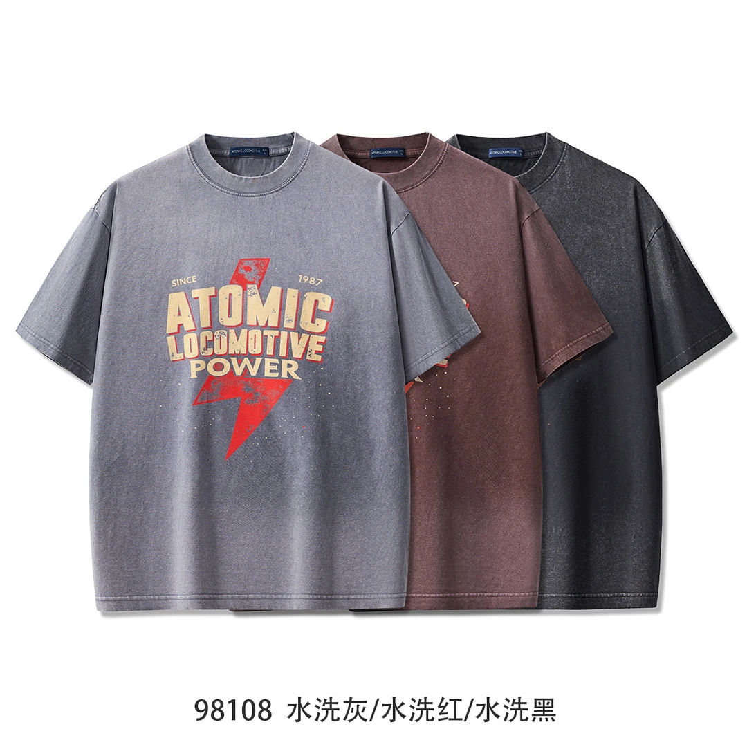 FARAWAYLAND短袖T恤纯棉230克夏季印花圆领渐变水洗美式休闲半袖