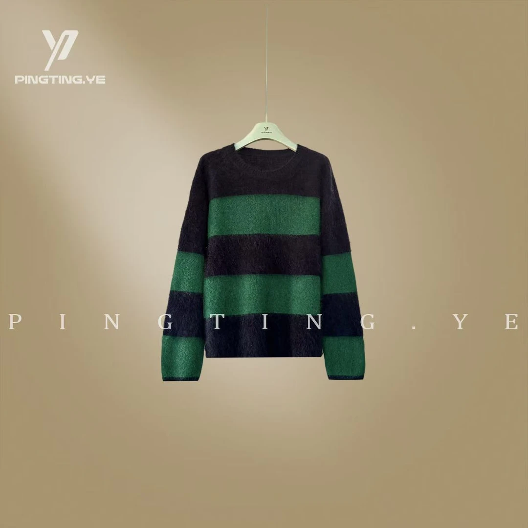PINGTING.YE“绵羊毛”拉毛宽边条纹拼色设计针织毛衣PT6277