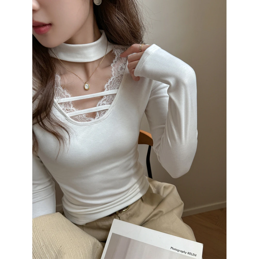 纯欲设计感磨毛蕾丝拼接V领正肩长袖t恤女内搭秋冬季高级感打底衫