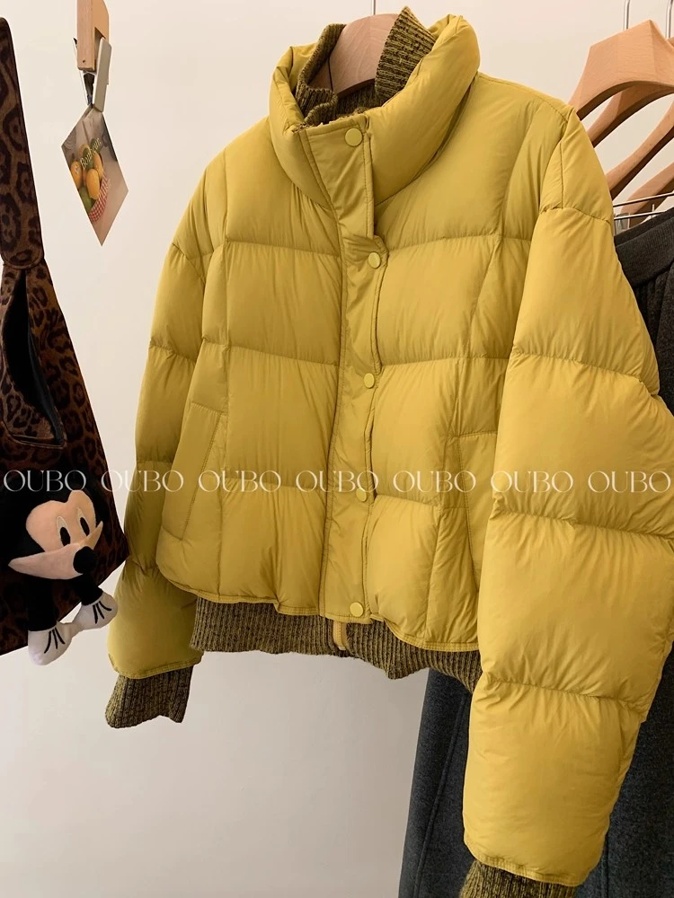 黄色排骨保暖短款羽绒服女装冬季2025新款休闲小个子针织拼接外套