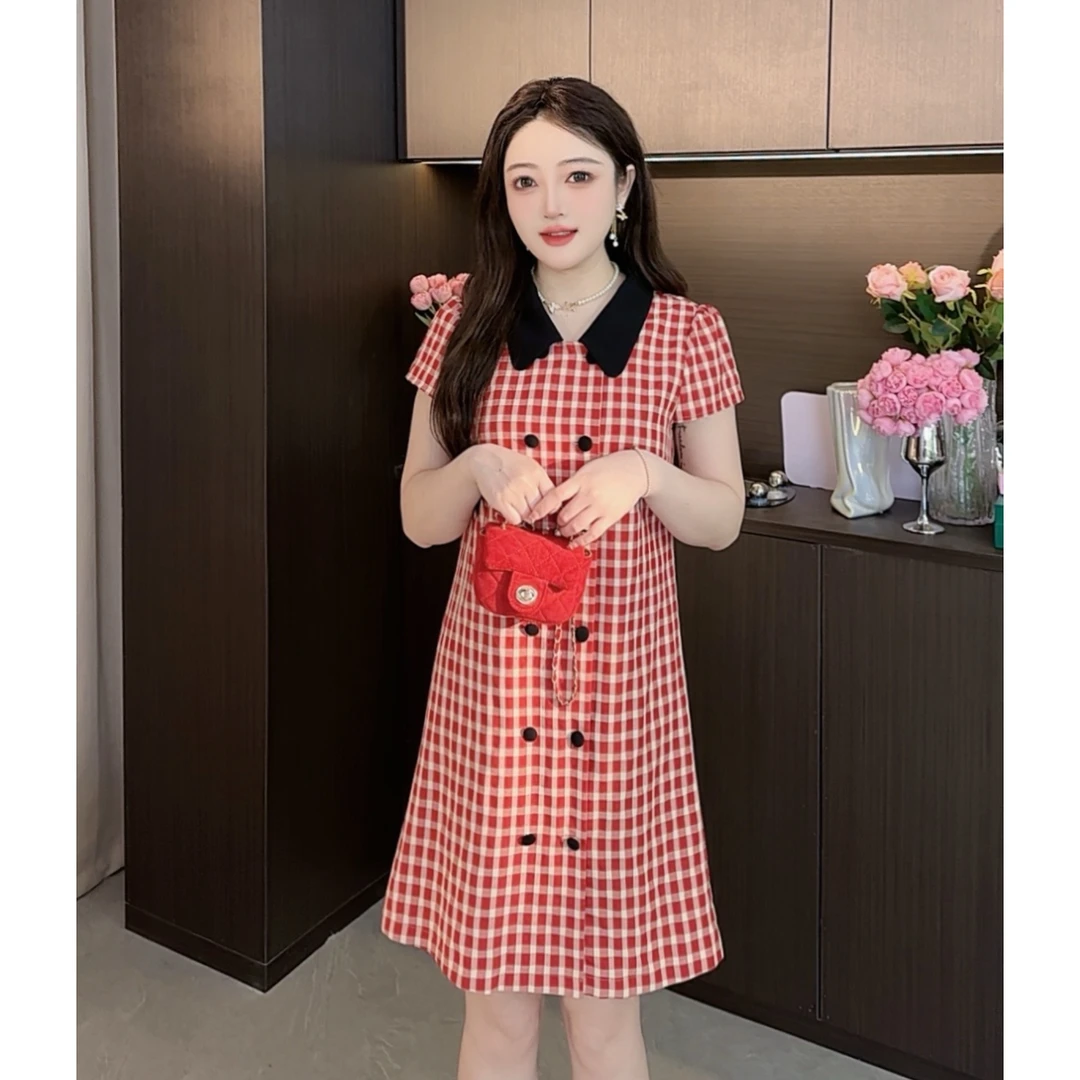楠序鹿鹿微胖女装2025夏季显瘦时尚气质双色格纹连衣裙女LL8093