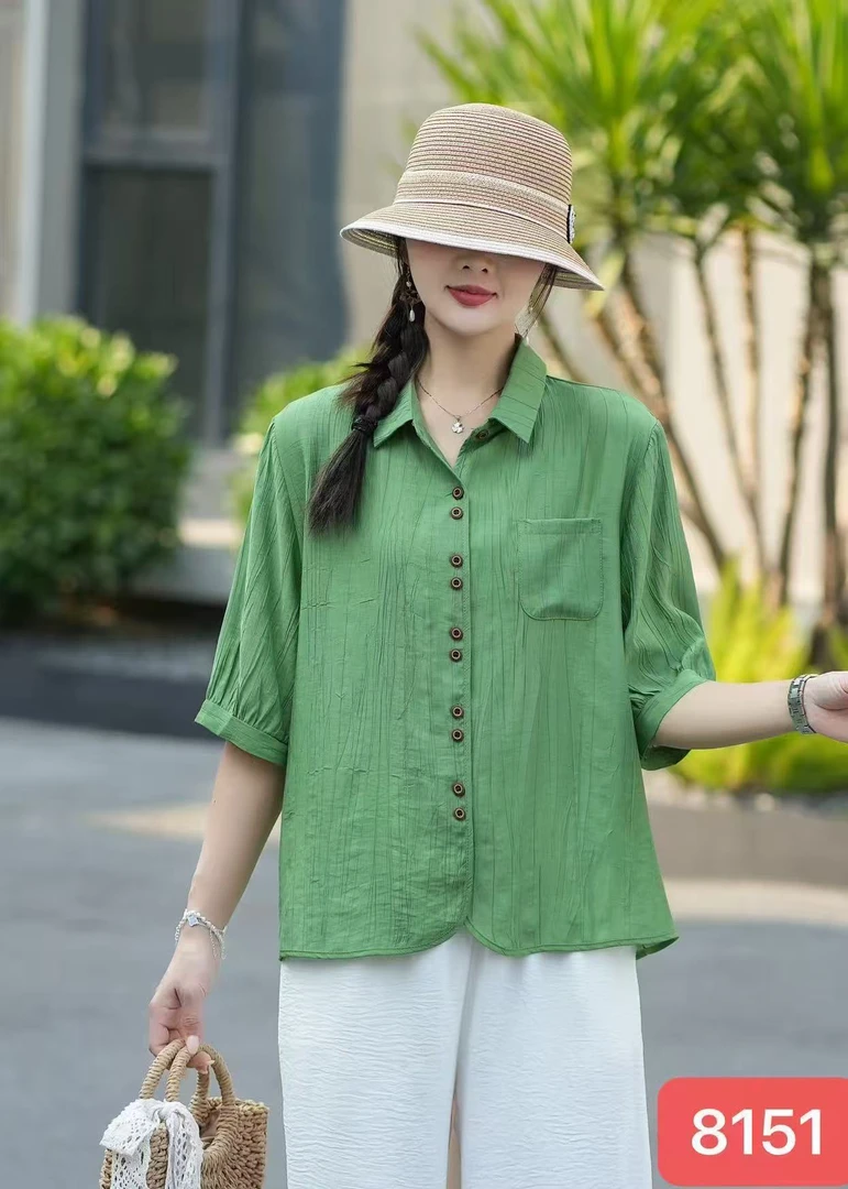 【源佳佳服饰】夏季新款翻领棉麻大码妈妈装短袖时尚休闲衬衫