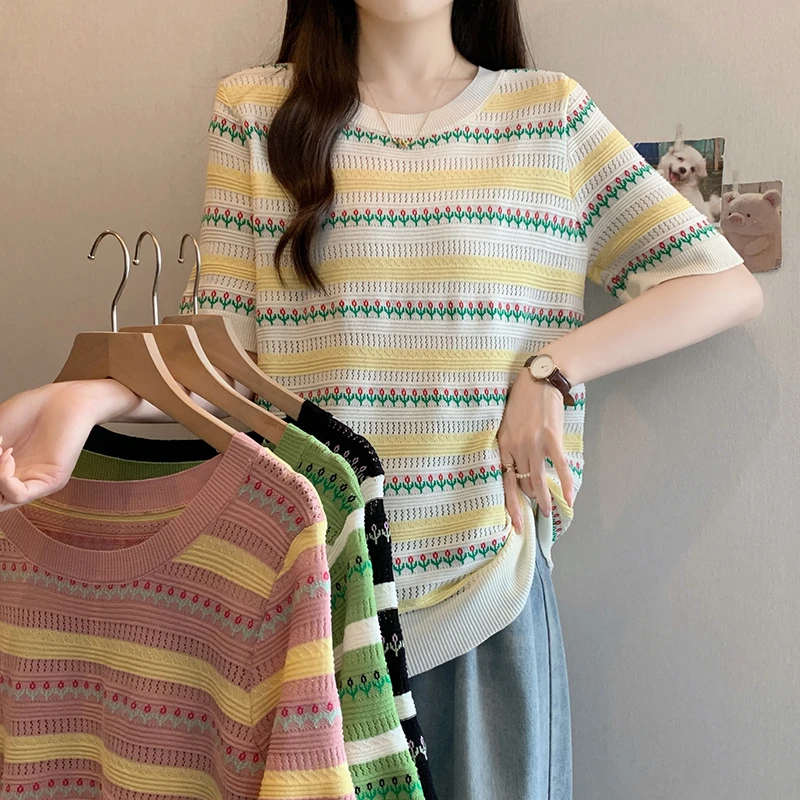 3957大码女装2025夏装新款宽松提花针织上衣胖mm百搭冰丝短袖T恤