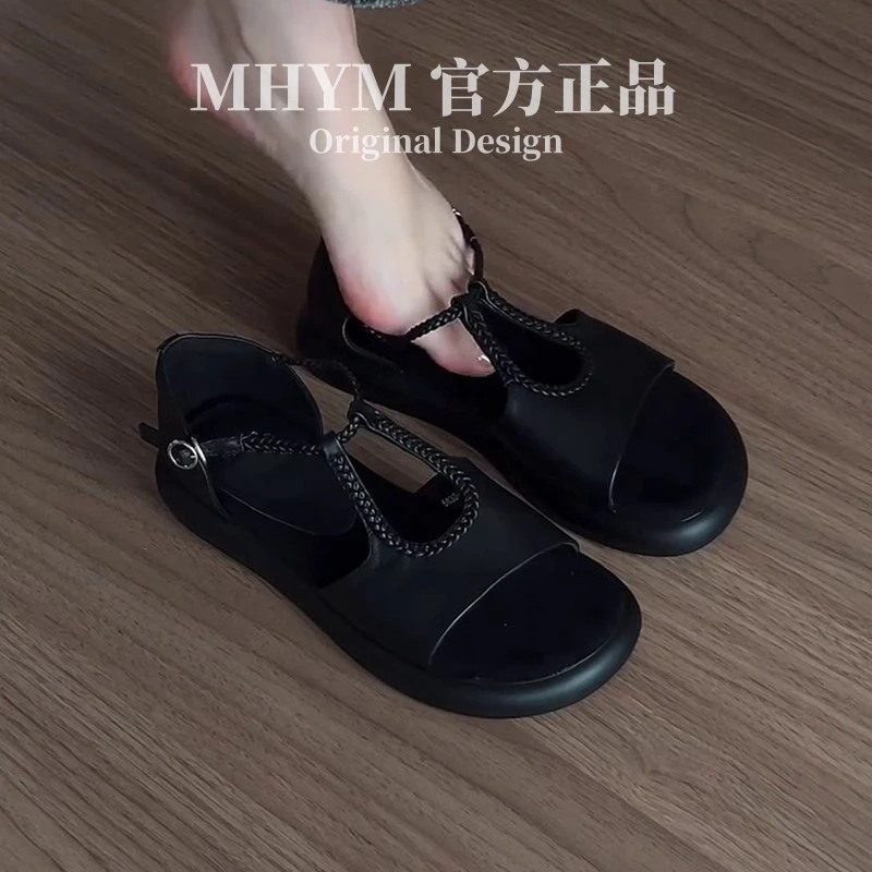 MH官方复古镂空编织一字带罗马鞋百搭一脚蹬露趾休闲厚底凉鞋女