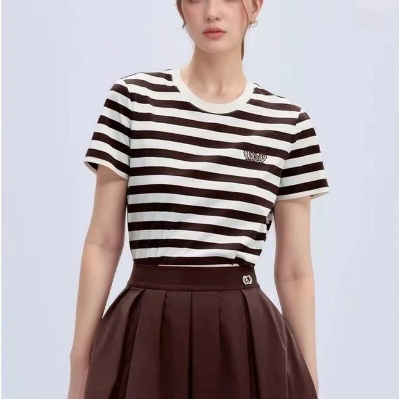 C1-1178【奈】商场同款 夏季航海系经典条纹图案领短袖T恤女