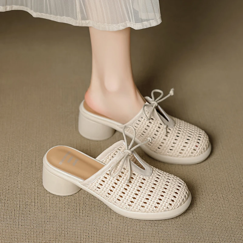 包头半拖鞋女夏时尚外穿2025年新款小个子厚底高跟编织镂空洞洞鞋