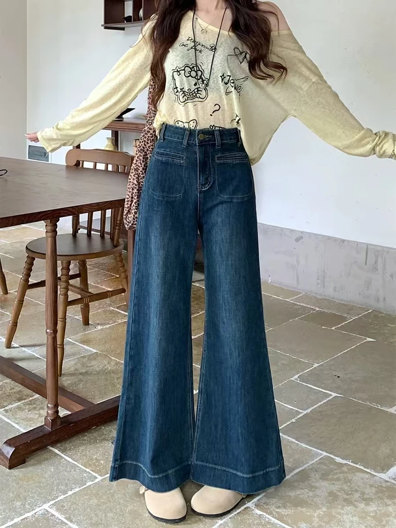 【第】复古浅蓝色阔腿牛仔裤女春秋小个子高腰显瘦垂感拖地微喇叭裤