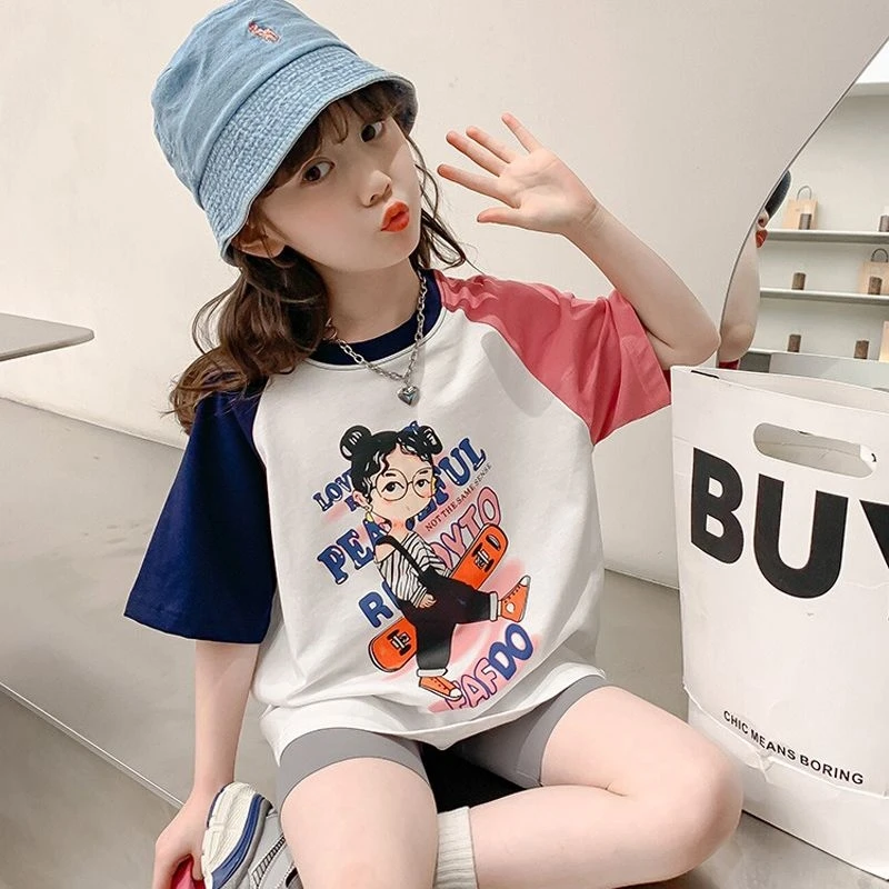 纯棉儿童短袖T恤美式插肩女童宽松街头撞色印花夏季半袖童装上衣