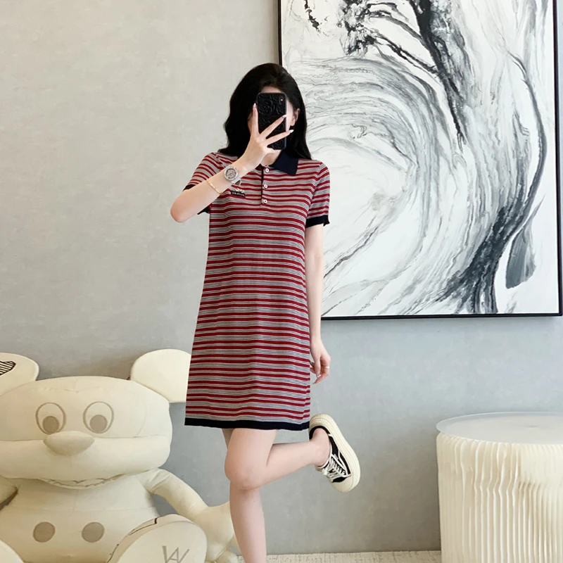 新款短袖夏季条纹欧美风翻领针织休闲大码宽松女士连衣裙显瘦长裙