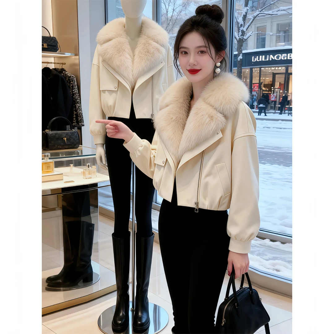 霖优【晨雾童话】轻奢皮毛一体棉服女冬季短款高级加厚保暖棉衣棉袄