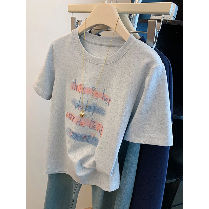 显瘦刺绣字母短袖t恤女2025春夏季新款宽松修身美式复古打底上衣