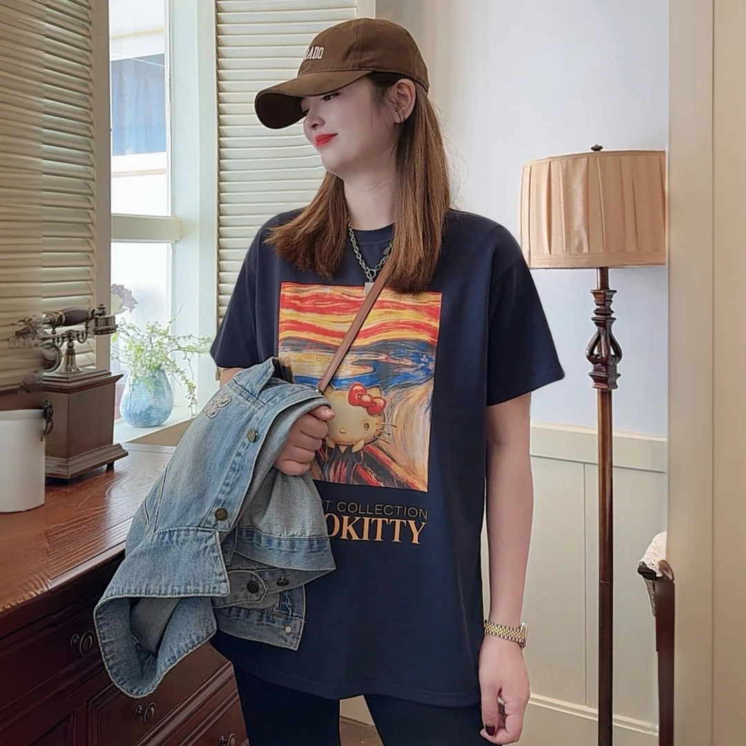 【KT猫】2025春季小众新款时尚宽松圆领印花猫猫休闲百搭短袖T