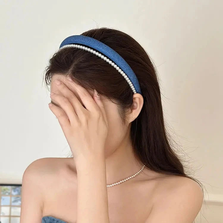 高级感洋气时尚高颅顶双层珍珠蓝色发箍女2025新款夏天头饰头箍箍