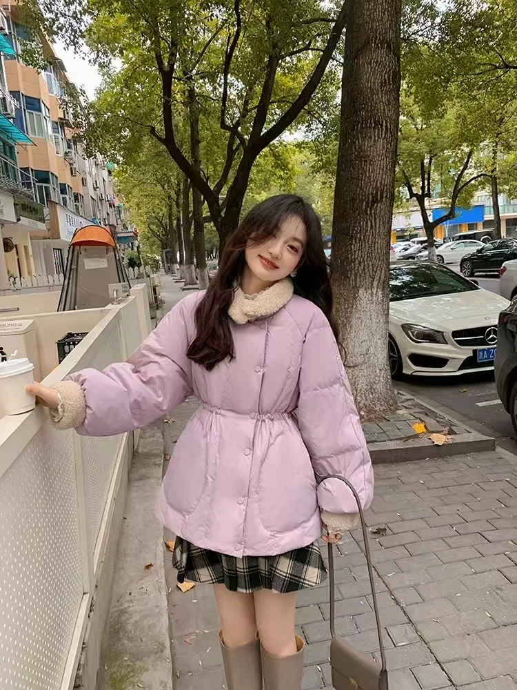 新款中长款羽绒服女短款小个子羊羔毛领拼接收腰小香风外套