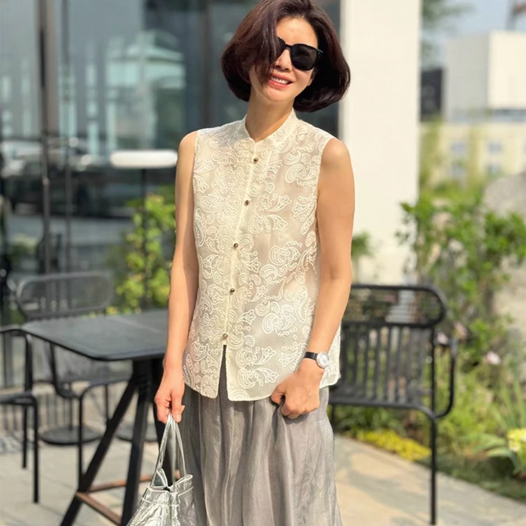 衣锦新中式复古气质显瘦无袖衬衫女时尚叠穿外搭国风刺绣马甲蕾丝