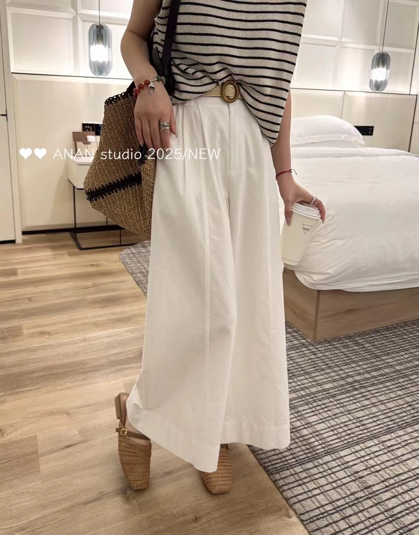 林玲～韩系棉麻半松紧腰九分阔腿裤透气女直筒裤