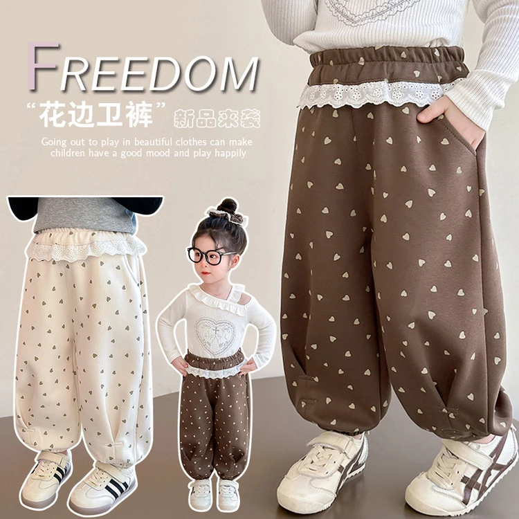 女童2025春季新款裤子韩版小香花边卫裤