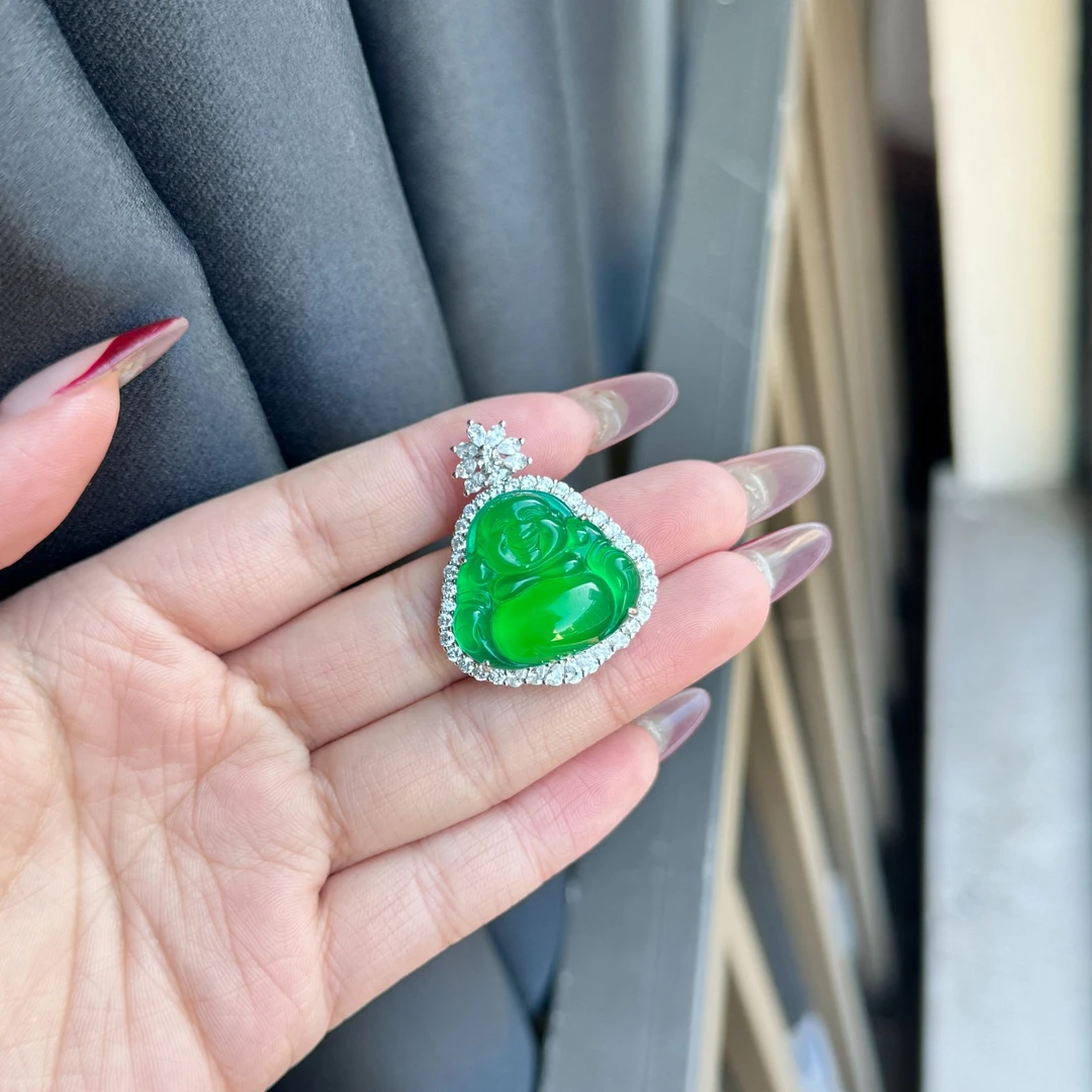 S925纯银天然高货玛瑙绿佛公吊坠项链绿色玉髓佛公项链手工镶嵌