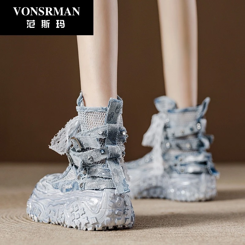 复古厚底镂空马丁靴女2025夏季新款爆款网面贝壳头凉靴显瘦高帮鞋