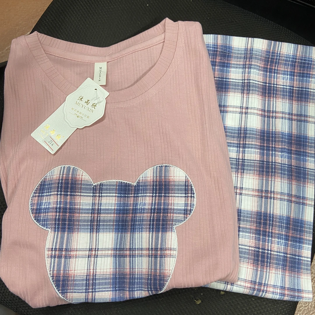 【517#格子熊长袖-无胸垫】长袖新款睡衣女套头家居服