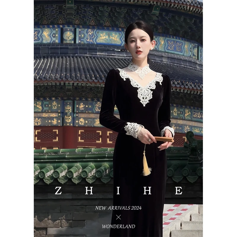 至禾Wonderland【夜宴】静奢重工优雅千金蕾丝拼接韩国绒鱼尾连衣裙