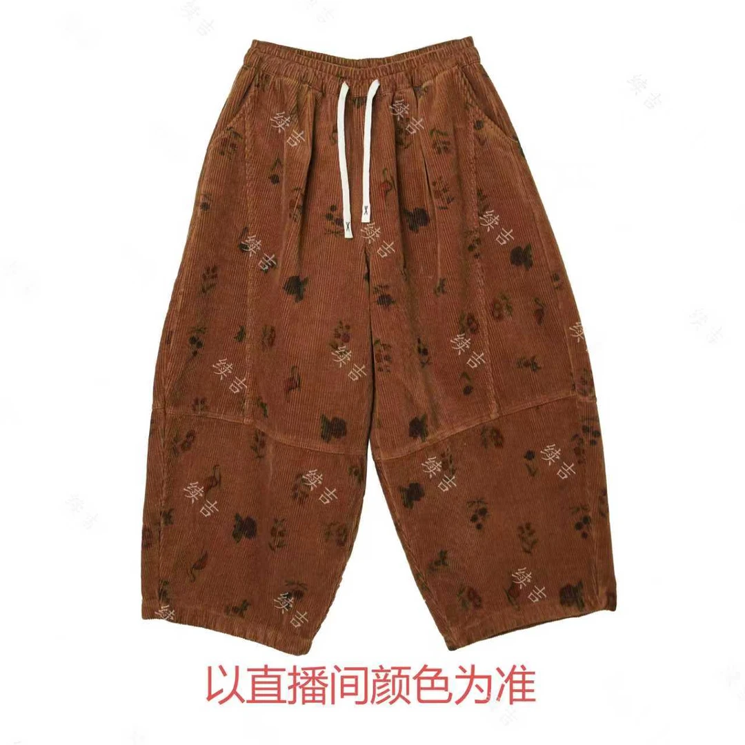 冬-续吉麻衣25-2754灯芯绒加绒加厚抽绳印花百搭复古宽松休闲棉裤