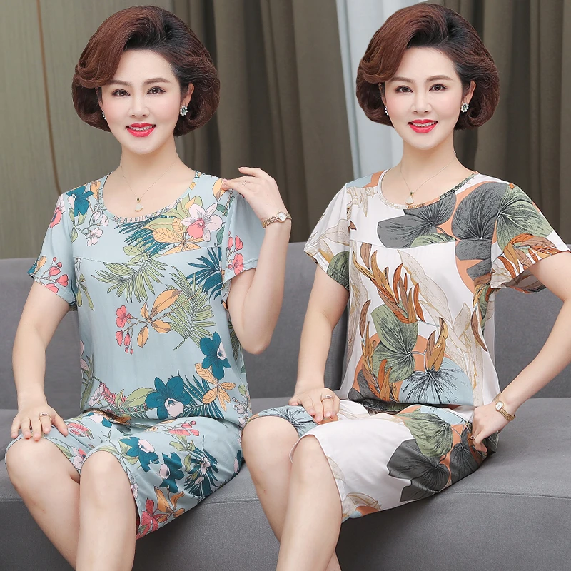 妈妈棉绸睡衣女夏季薄款中老年人家居服2025新款短袖两件套装大码