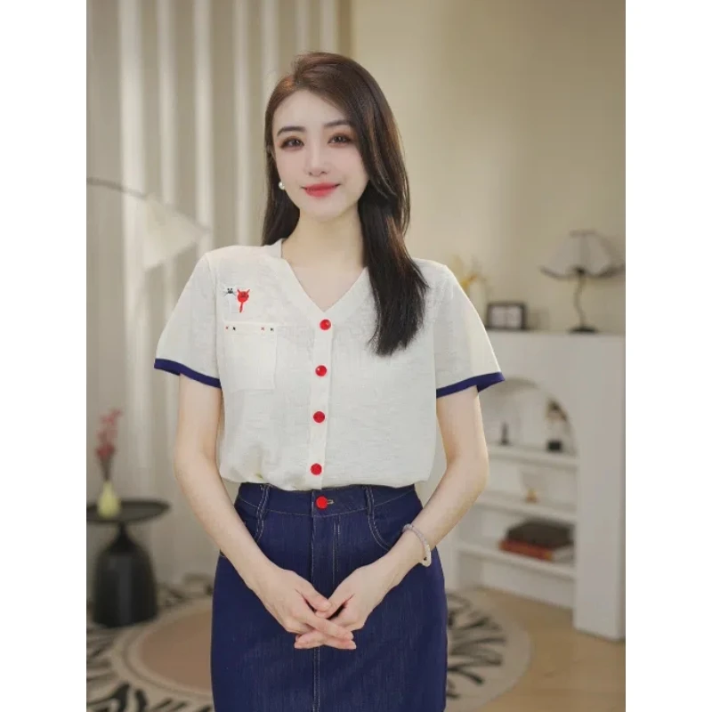 【炎炎】25MH1455夏季新款法式冰丝透气刺绣彩扣V短袖针织上衣2