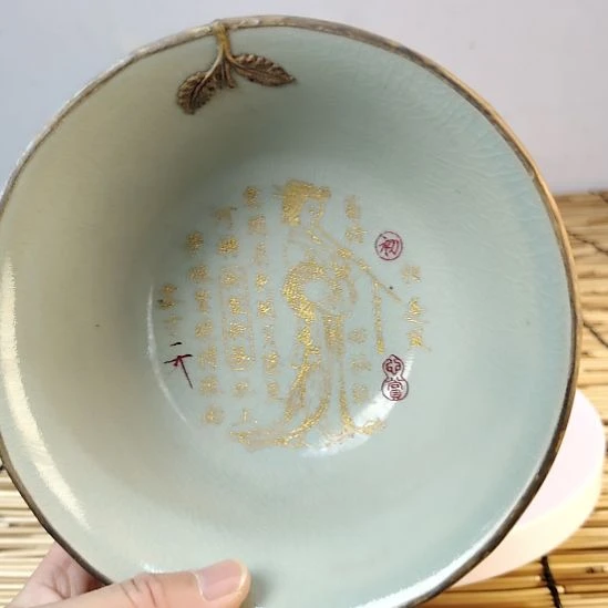 陶摆件汝窑描金包铜口老工艺