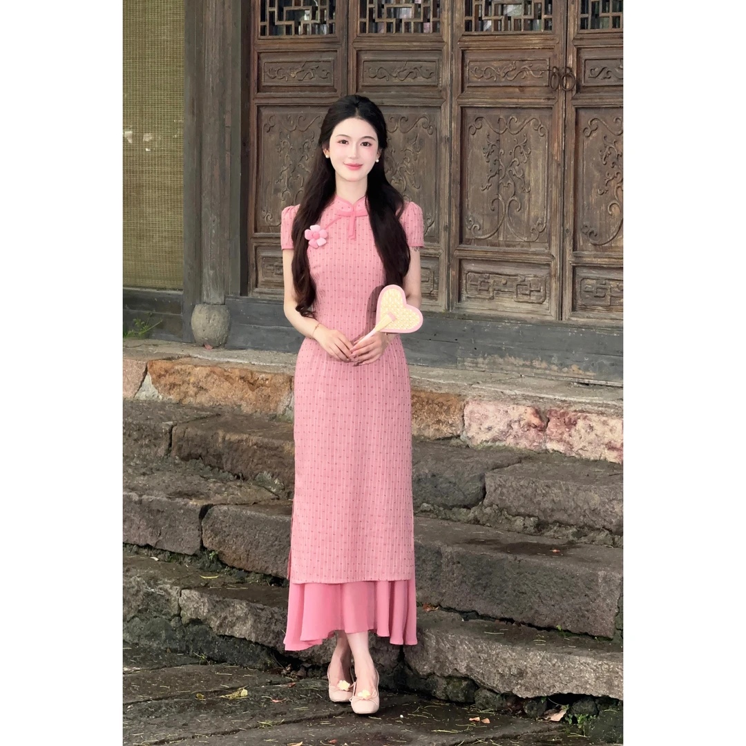 【小晴空】LiLi新中式少女风波点旗袍花朵胸针连衣裙XMZH7698